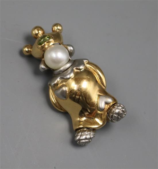 A Garrard two colour 18ct gold, cultured pearl and gem set clown brooch, 35mm.
